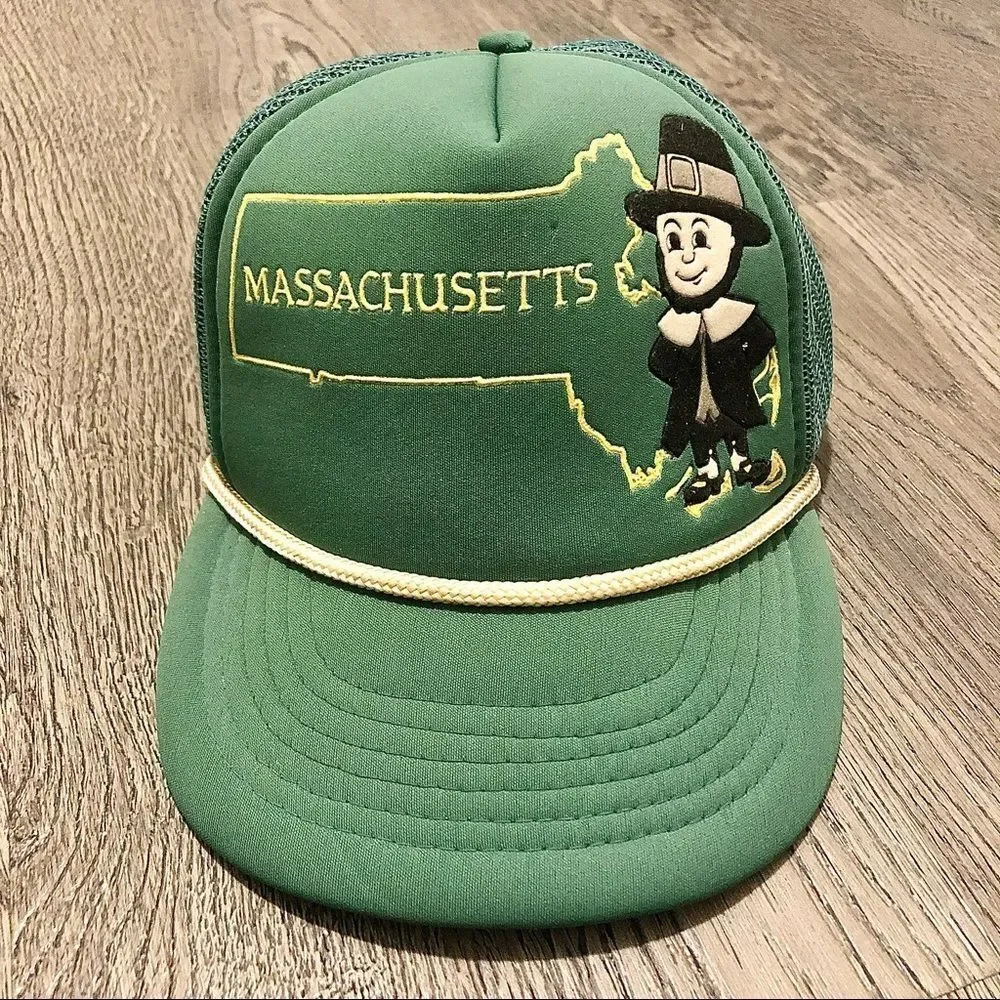 Vintage Snapback Rope Hat Cap Trucker Massachusetts State Pilgrim Green Mesh